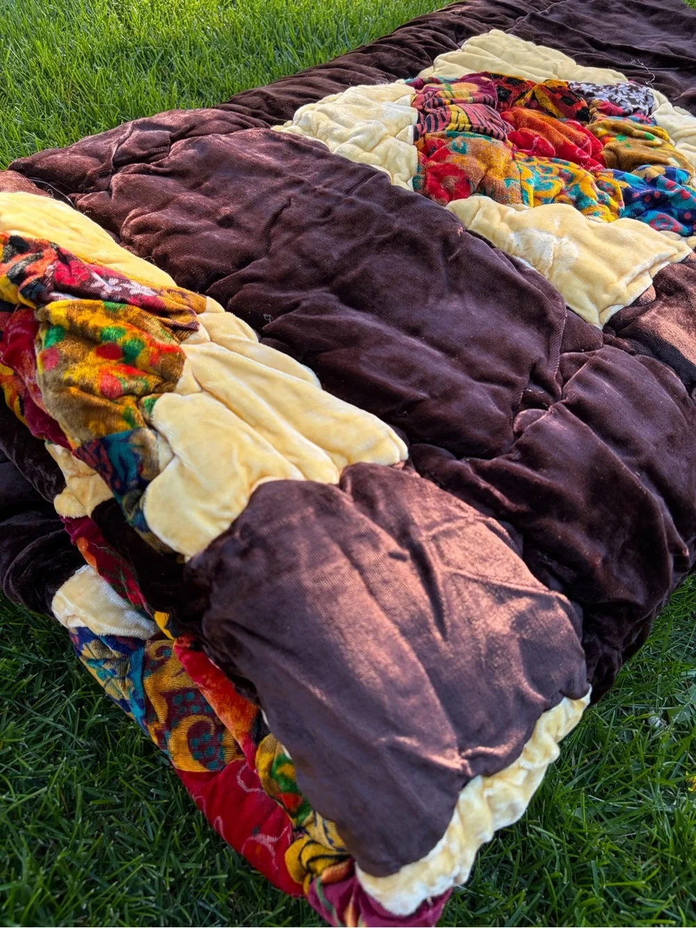 Vintage 70s 1970 patchwork quilted velvet velour quilt comforter blanket boho